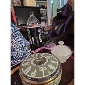 Vintage Jeannette Glass Hellenic Green Candy Dish Green Band With Gracian...